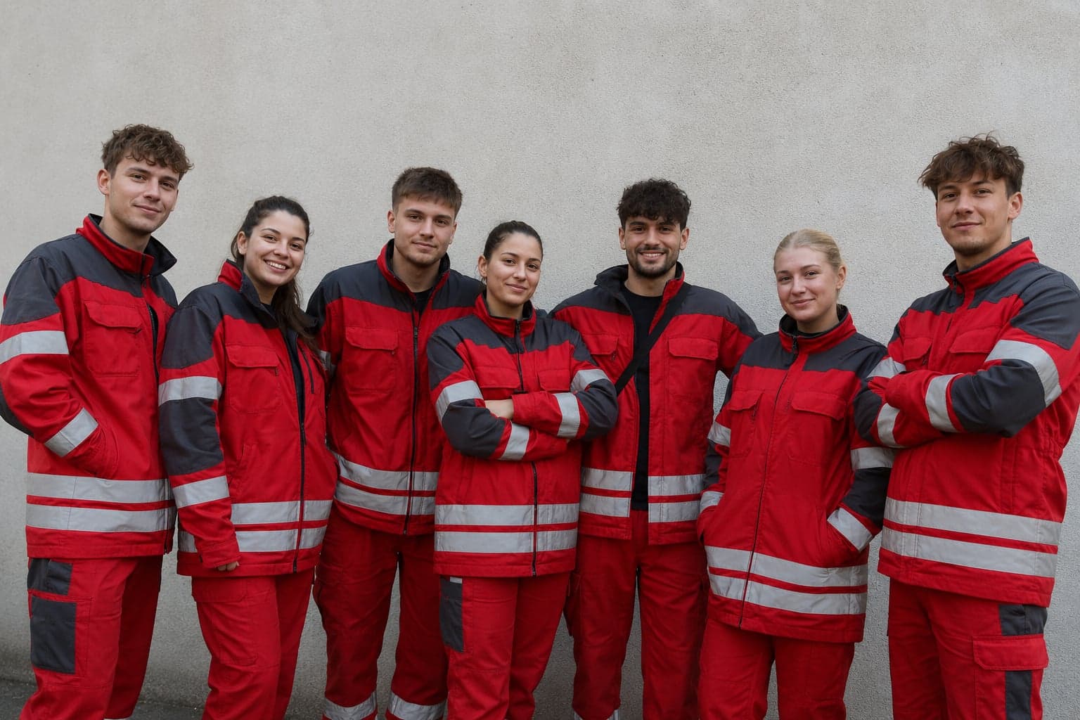 Team von Fundraiser:innen in roter Arbeitskleidung