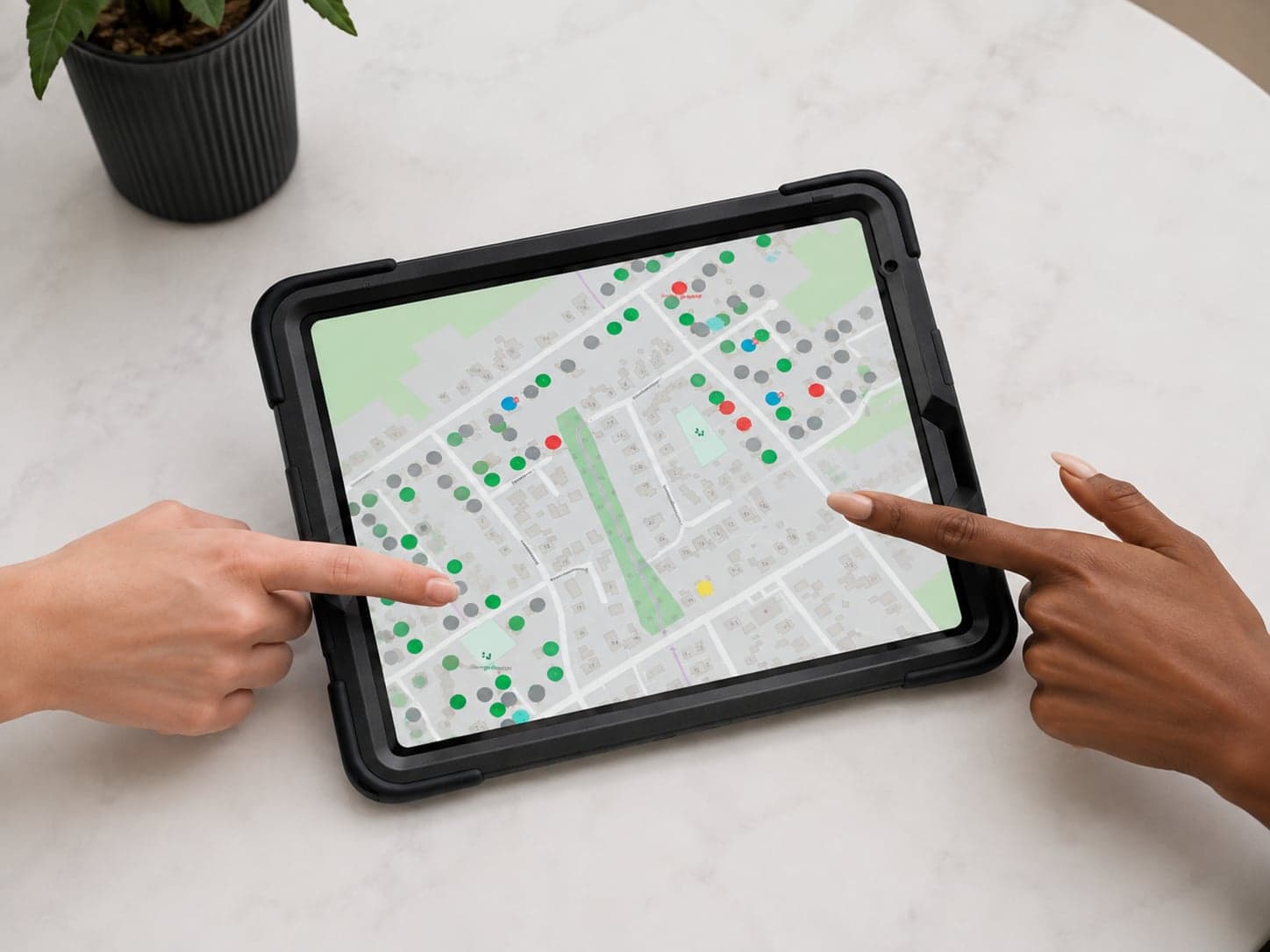 Zwei Personen zeigen auf einem Tablet auf die Karte eines Wohngebiets