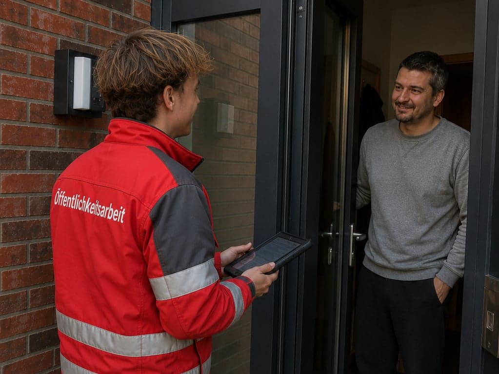 Fundraiser mit Tablet im Gespräch mit einem Bewohner an der Haustür