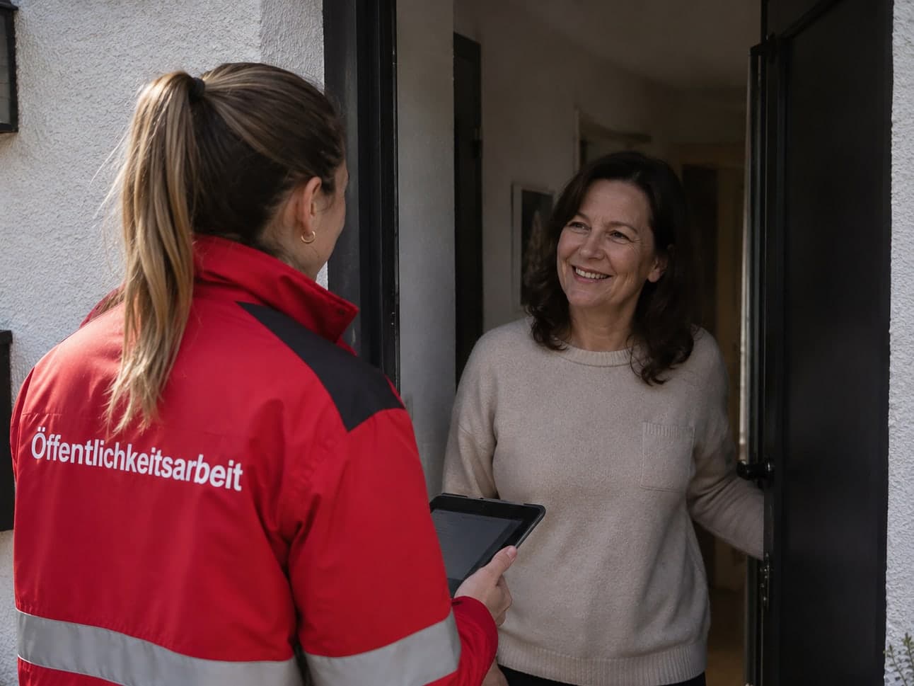 Fundraiserin im Gespräch mit einer Bewohnerin an der geöffneten Haustür